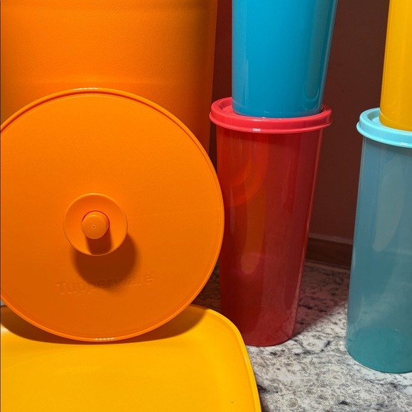 Tupperware Orange Pitcher with Multicolor Tumblers and Plates - Picture 3 of 4